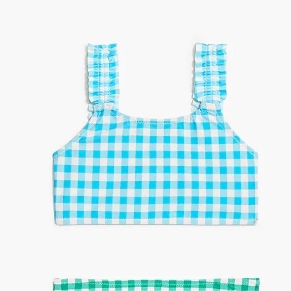J crew girls gingham blue ruffle strap bikini top